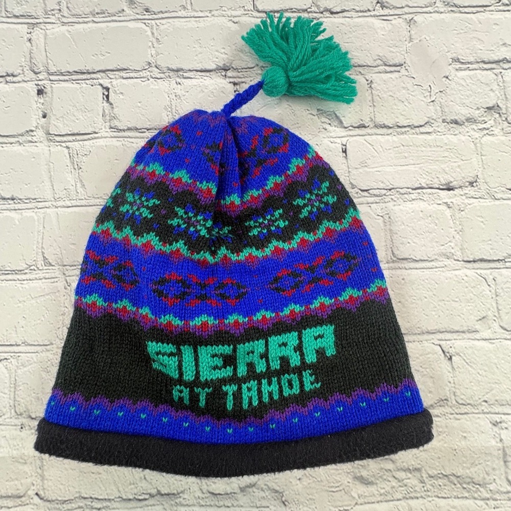 Darn Fine Hats Beanie Mens OSFM Blue Excellent Vintage Sierra at Tahoe Ski Pom